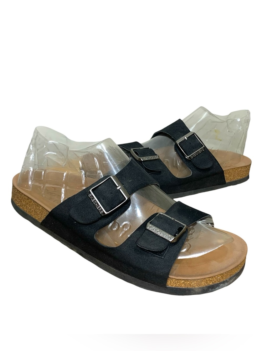 Skechers Double Strap Flat Sandals Black Sz 8 Comfort Luxe Foam Granola Slides